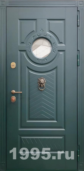 Стальная дверь с круглым стеклом, кнокером и зелеными панелями МДФ RAL (терморазрыв) Стальная дверь с круглым стеклом, кнокером и зелеными панелями МДФ RAL (терморазрыв)